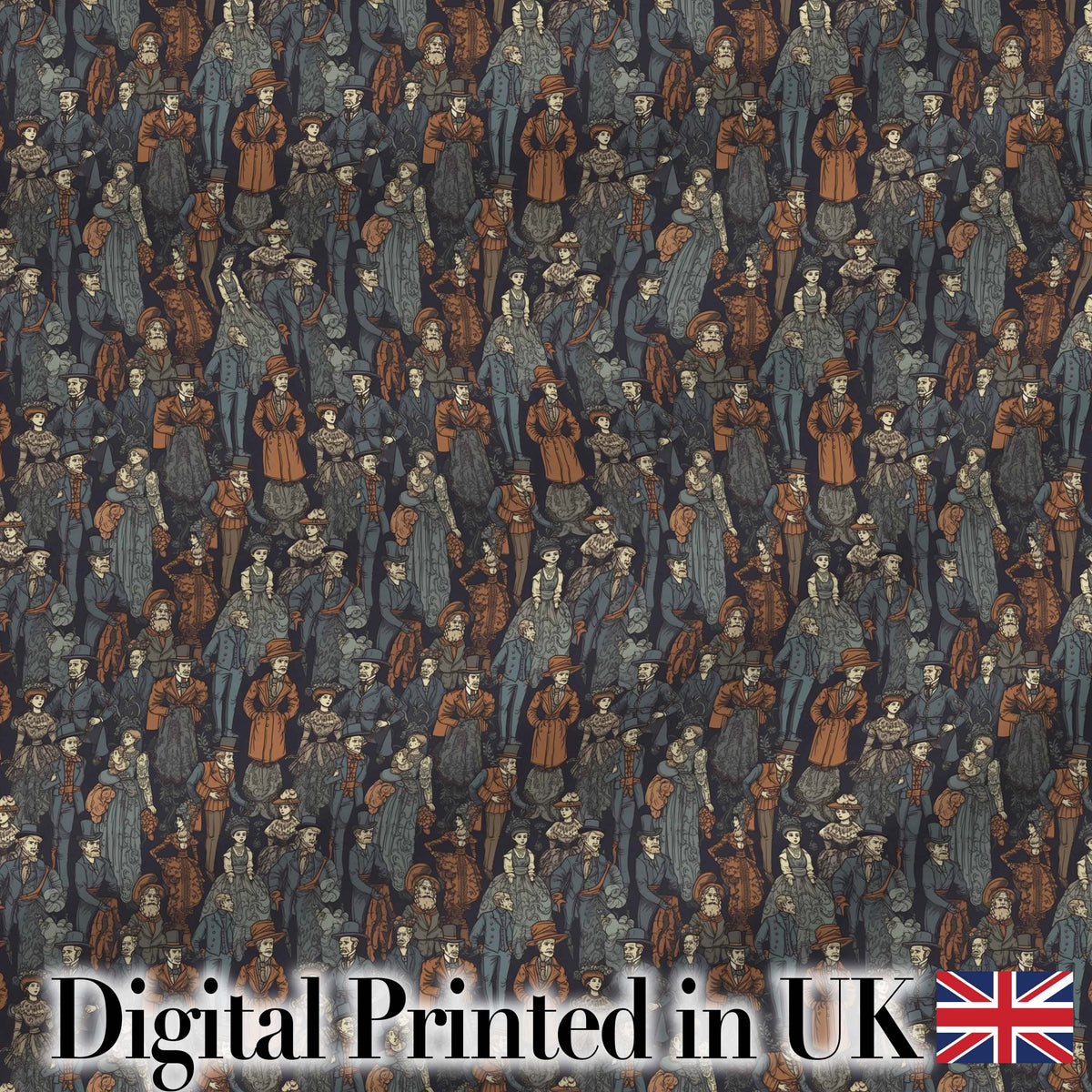 Vintage Crowd Illustration People Pattern in Warm Tones Seamless Digital Print Fabric by the Metre UK Sewing Quilting Textile