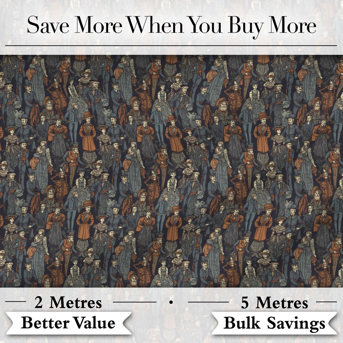 Vintage Crowd Illustration People Pattern in Warm Tones Seamless Digital Print Fabric by the Metre UK Sewing Quilting Textile