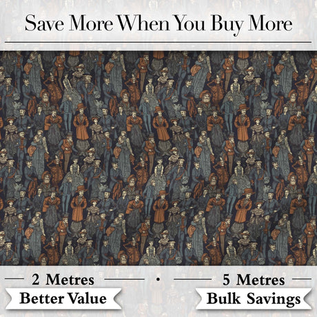 Vintage Crowd Illustration People Pattern in Warm Tones Seamless Digital Print Fabric by the Metre UK Sewing Quilting Textile