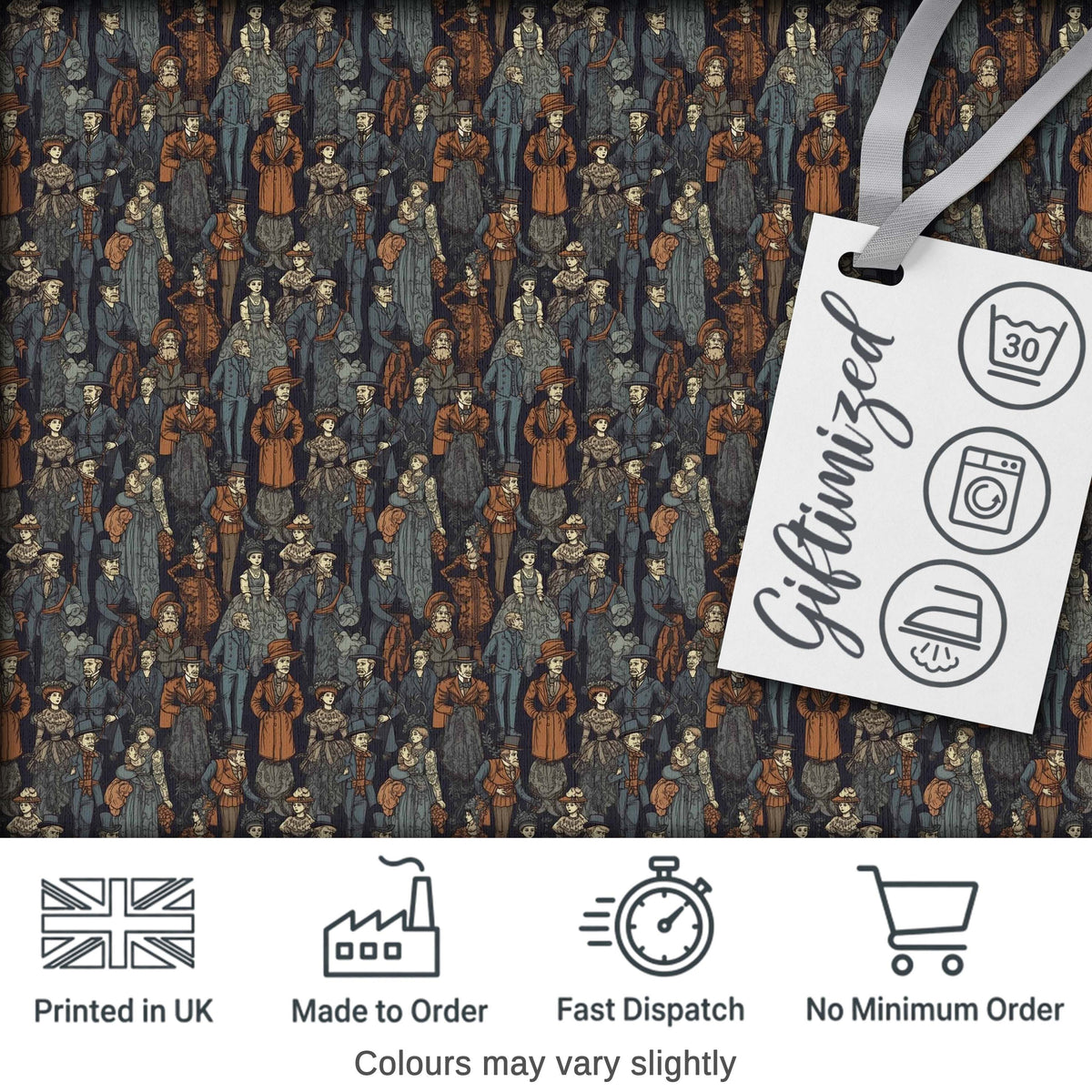 Vintage Crowd Illustration People Pattern in Warm Tones Seamless Digital Print Fabric by the Metre UK Sewing Quilting Textile