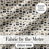 Retro Camera Collection Pattern Minimal Beige Seamless Digital Print Fabric by the Metre UK Sewing Quilting Textile