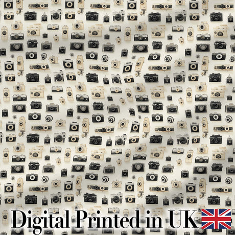 Retro Camera Collection Pattern Minimal Beige Seamless Digital Print Fabric by the Metre UK Sewing Quilting Textile