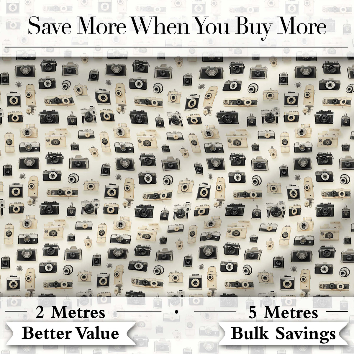 Retro Camera Collection Pattern Minimal Beige Seamless Digital Print Fabric by the Metre UK Sewing Quilting Textile