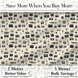 Retro Camera Collection Pattern Minimal Beige Seamless Digital Print Fabric by the Metre UK Sewing Quilting Textile
