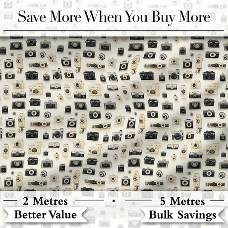 Retro Camera Collection Pattern Minimal Beige Seamless Digital Print Fabric by the Metre UK Sewing Quilting Textile