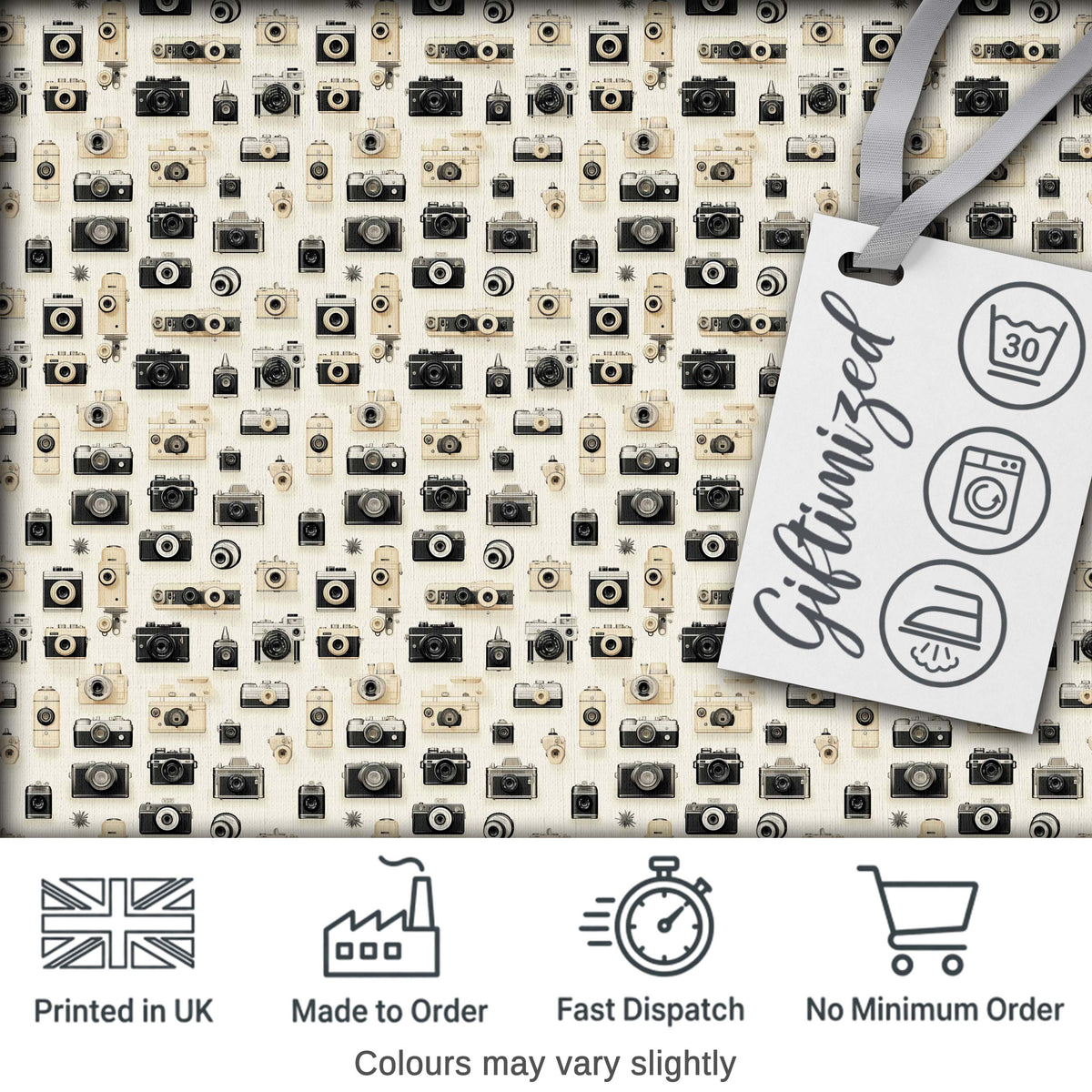 Retro Camera Collection Pattern Minimal Beige Seamless Digital Print Fabric by the Metre UK Sewing Quilting Textile
