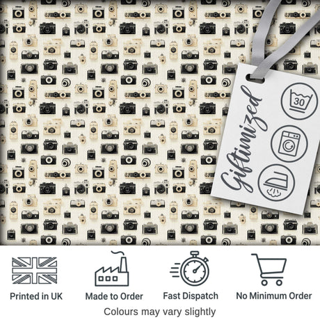 Retro Camera Collection Pattern Minimal Beige Seamless Digital Print Fabric by the Metre UK Sewing Quilting Textile