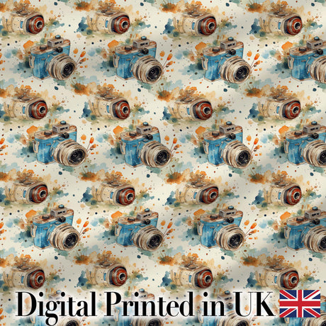 Watercolor Vintage Camera Pattern Artistic Splash Seamless Digital Print Fabric by the Metre UK Sewing Quilting Textile