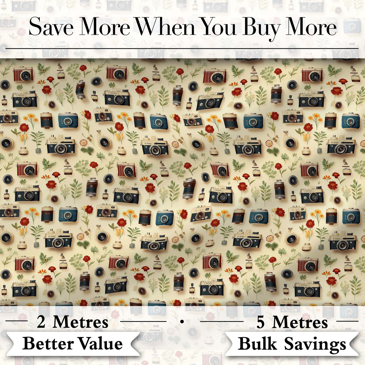 Vintage Cameras and Floral Elements Pattern Seamless Digital Print Fabric by the Metre UK Sewing Quilting Textile