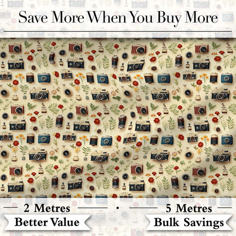 Vintage Cameras and Floral Elements Pattern Seamless Digital Print Fabric by the Metre UK Sewing Quilting Textile