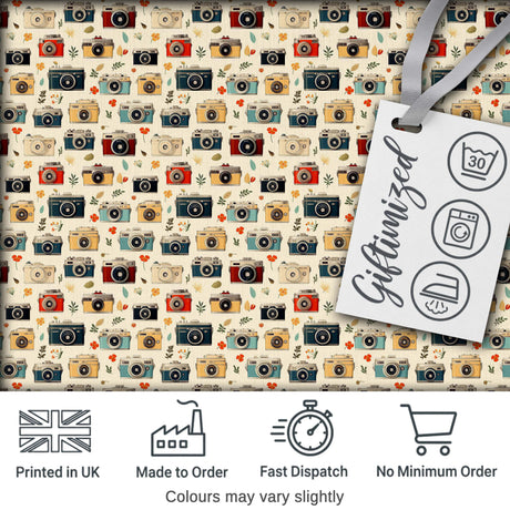 Vintage Retro Camera Pattern with Floral Elements Seamless Digital Print Fabric by the Metre UK Sewing Quilting Textile