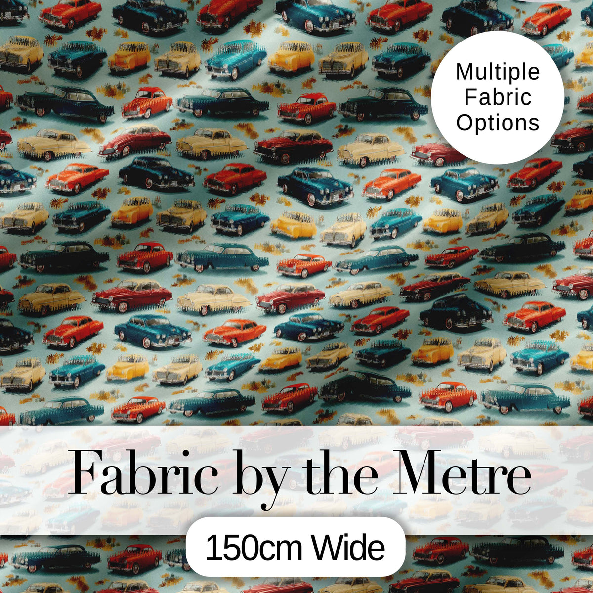 Colorful Retro Cars Autumn Leaves Pattern Seamless Digital Print Fabric by the Metre UK Sewing Quilting Textile
