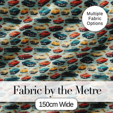 Colorful Retro Cars Autumn Leaves Pattern Seamless Digital Print Fabric by the Metre UK Sewing Quilting Textile