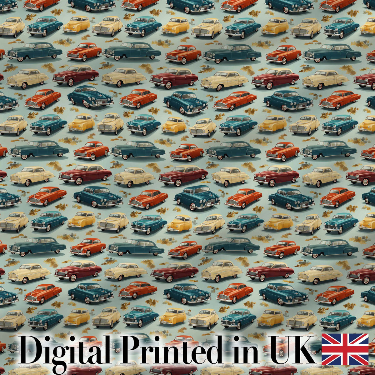 Colorful Retro Cars Autumn Leaves Pattern Seamless Digital Print Fabric by the Metre UK Sewing Quilting Textile