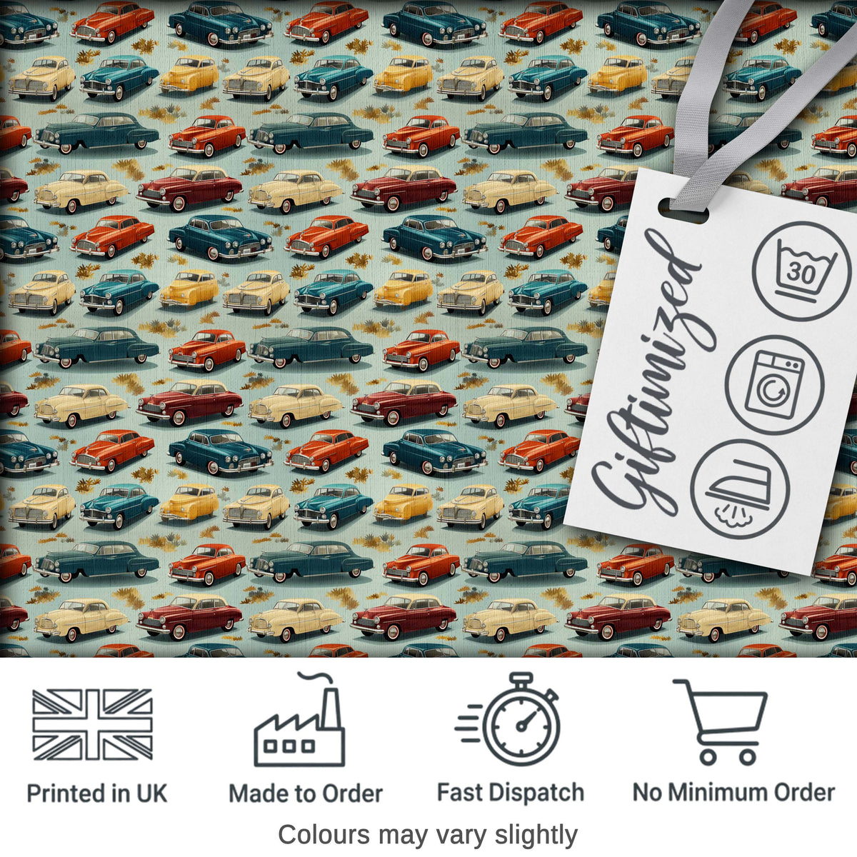 Colorful Retro Cars Autumn Leaves Pattern Seamless Digital Print Fabric by the Metre UK Sewing Quilting Textile