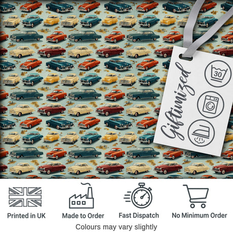 Colorful Retro Cars Autumn Leaves Pattern Seamless Digital Print Fabric by the Metre UK Sewing Quilting Textile