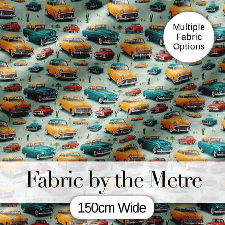 Mid Century Classic Cars Scenic Pattern Seamless Digital Print Fabric by the Metre UK Sewing Quilting Textile
