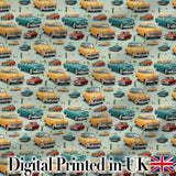 Mid Century Classic Cars Scenic Pattern Seamless Digital Print Fabric by the Metre UK Sewing Quilting Textile