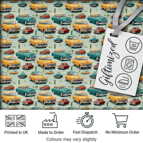 Mid Century Classic Cars Scenic Pattern Seamless Digital Print Fabric by the Metre UK Sewing Quilting Textile