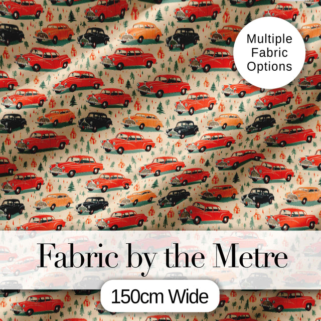 Festive Vintage Cars Holiday Pattern Seamless Digital Print Fabric by the Metre UK Sewing Quilting Textile