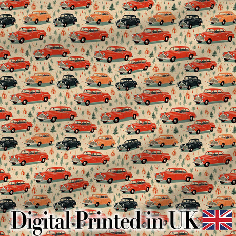 Festive Vintage Cars Holiday Pattern Seamless Digital Print Fabric by the Metre UK Sewing Quilting Textile
