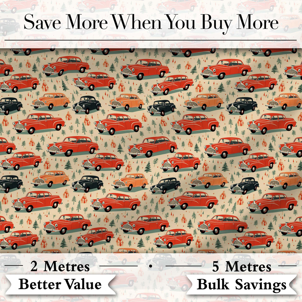 Festive Vintage Cars Holiday Pattern Seamless Digital Print Fabric by the Metre UK Sewing Quilting Textile