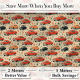 Festive Vintage Cars Holiday Pattern Seamless Digital Print Fabric by the Metre UK Sewing Quilting Textile