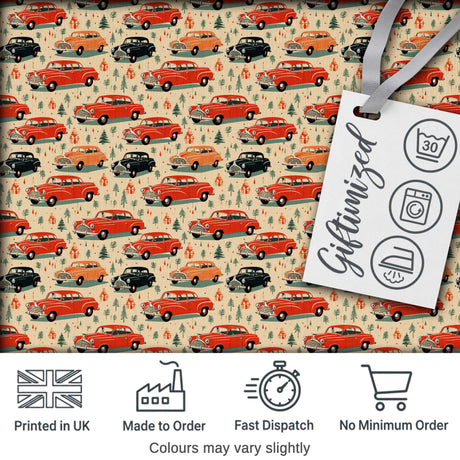 Festive Vintage Cars Holiday Pattern Seamless Digital Print Fabric by the Metre UK Sewing Quilting Textile