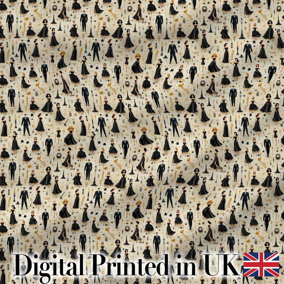 Elegant Black Dress Fashion Figures Pattern Seamless Digital Print Fabric by the Metre UK Sewing Quilting Textile