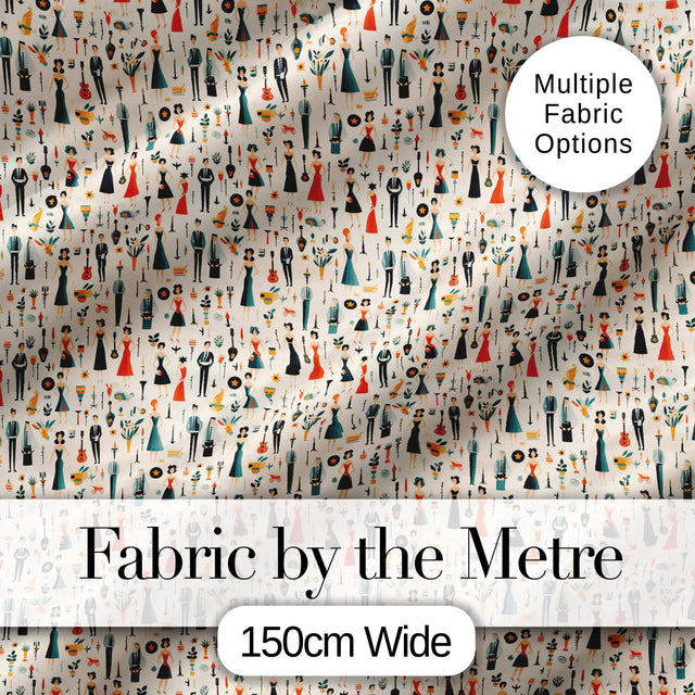 Retro Party People Music Fashion Pattern Seamless Digital Print Fabric by the Metre UK Sewing Quilting Textile