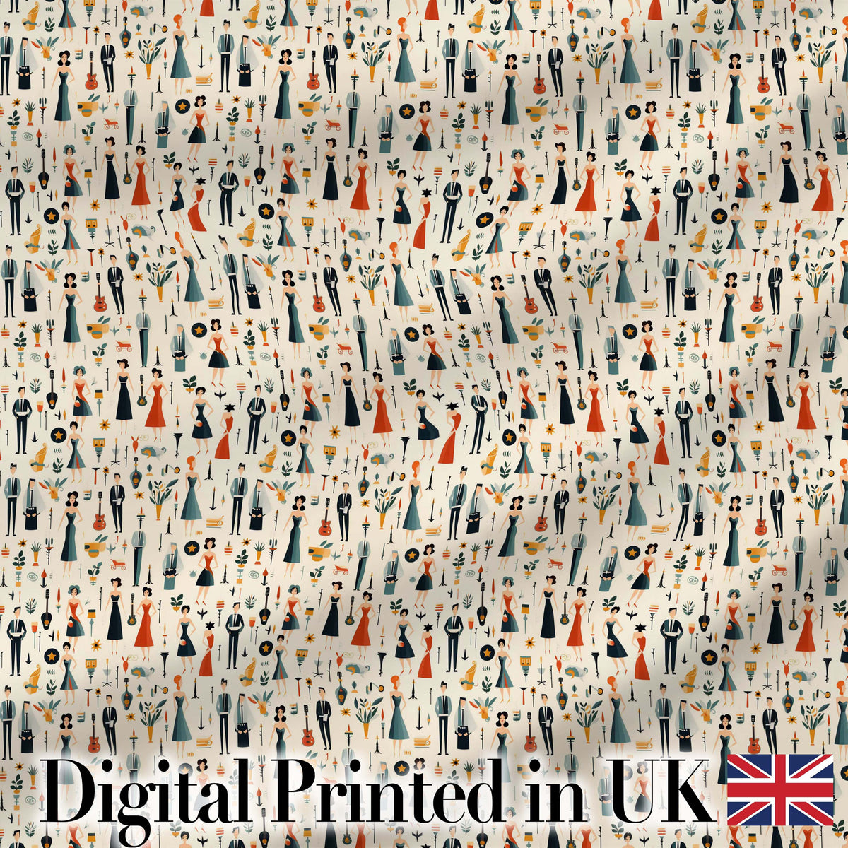 Retro Party People Music Fashion Pattern Seamless Digital Print Fabric by the Metre UK Sewing Quilting Textile