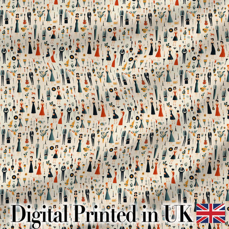 Retro Party People Music Fashion Pattern Seamless Digital Print Fabric by the Metre UK Sewing Quilting Textile