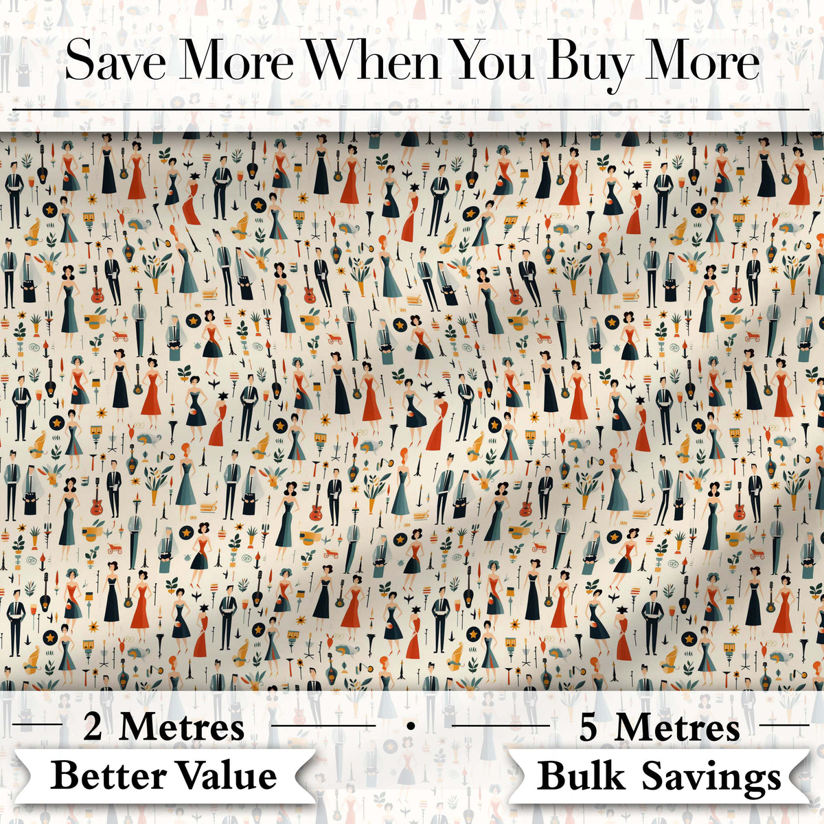 Retro Party People Music Fashion Pattern Seamless Digital Print Fabric by the Metre UK Sewing Quilting Textile