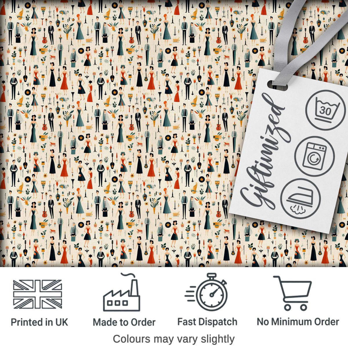 Retro Party People Music Fashion Pattern Seamless Digital Print Fabric by the Metre UK Sewing Quilting Textile