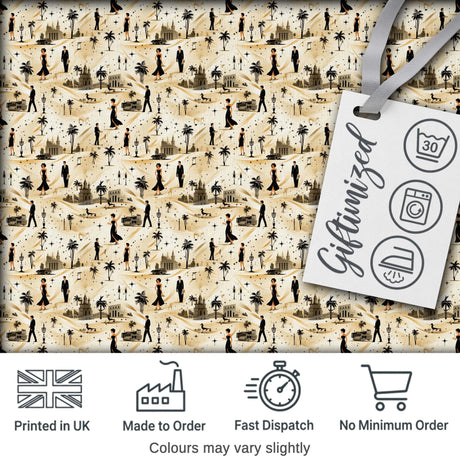 Vintage Desert Scene Couples and Landmarks Pattern Seamless Digital Print Fabric by the Metre UK Sewing Quilting Textile