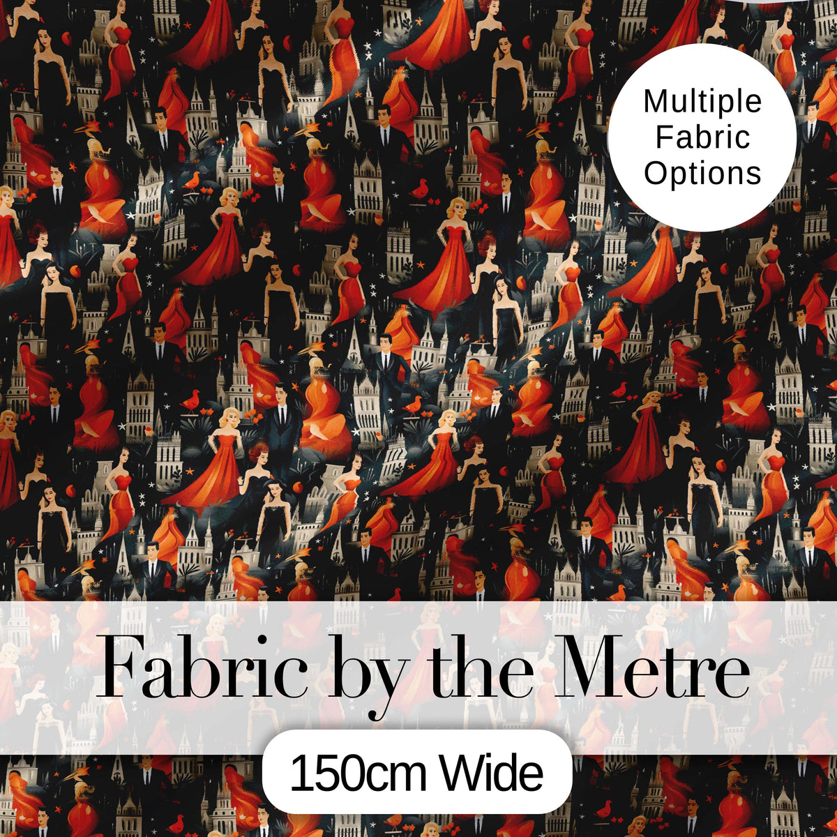 Elegant Vintage Evening Couples Cityscape Seamless Pattern Digital Print Fabric by the Metre UK Sewing Quilting Textile