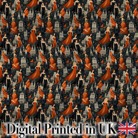 Elegant Vintage Evening Couples Cityscape Seamless Pattern Digital Print Fabric by the Metre UK Sewing Quilting Textile