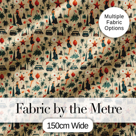 Retro Mid Century Fashion Cars and Palm Trees Seamless Pattern Digital Print Fabric by the Metre UK Sewing Quilting Textile
