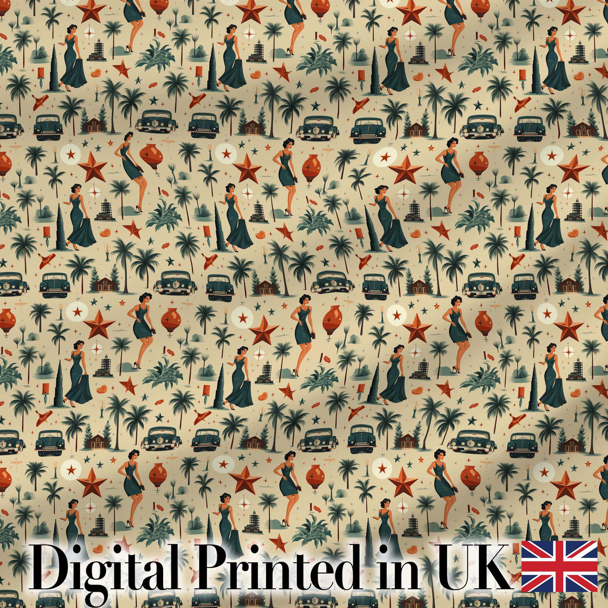 Retro Mid Century Fashion Cars and Palm Trees Seamless Pattern Digital Print Fabric by the Metre UK Sewing Quilting Textile