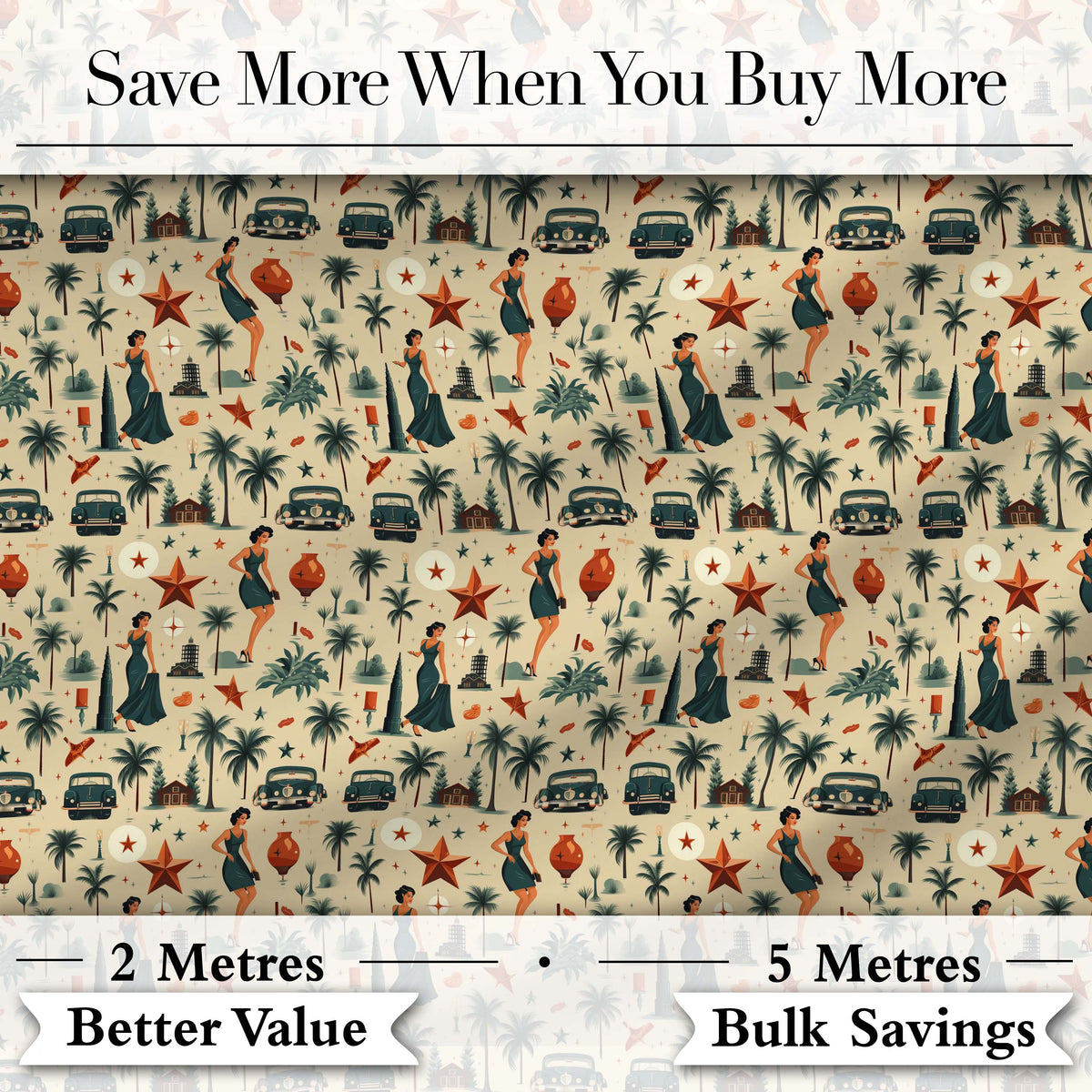 Retro Mid Century Fashion Cars and Palm Trees Seamless Pattern Digital Print Fabric by the Metre UK Sewing Quilting Textile