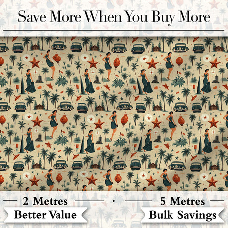 Retro Mid Century Fashion Cars and Palm Trees Seamless Pattern Digital Print Fabric by the Metre UK Sewing Quilting Textile