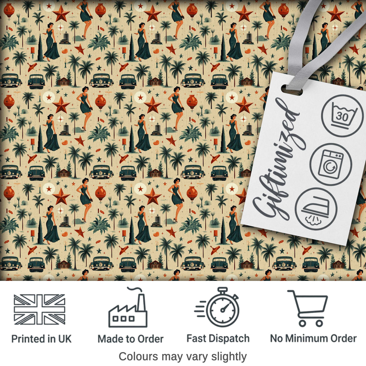 Retro Mid Century Fashion Cars and Palm Trees Seamless Pattern Digital Print Fabric by the Metre UK Sewing Quilting Textile
