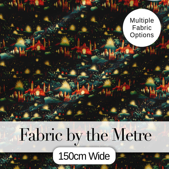 Magical Night Cityscape with Stars and Hills Seamless Pattern Digital Print Fabric by the Metre UK Sewing Quilting Textile