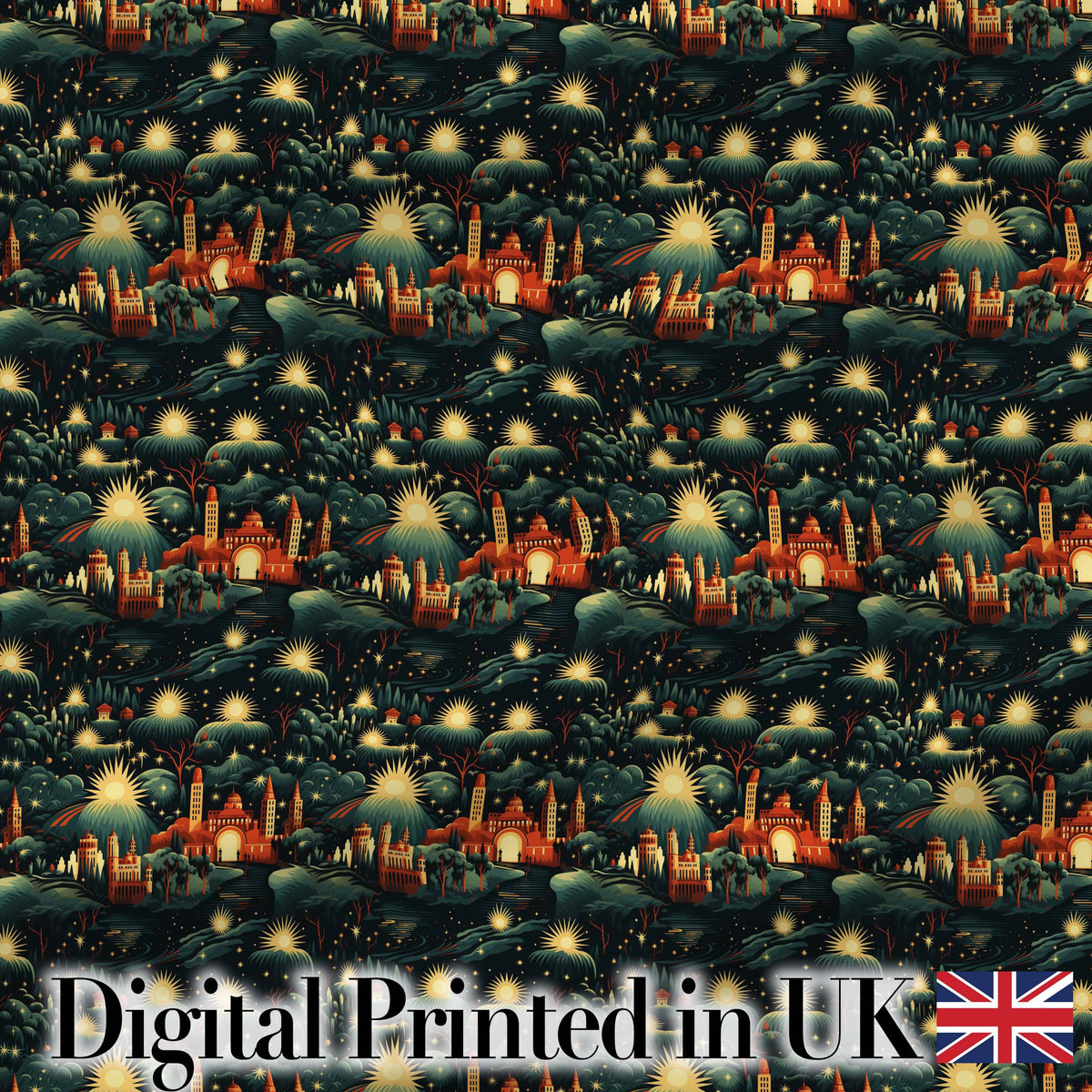 Magical Night Cityscape with Stars and Hills Seamless Pattern Digital Print Fabric by the Metre UK Sewing Quilting Textile