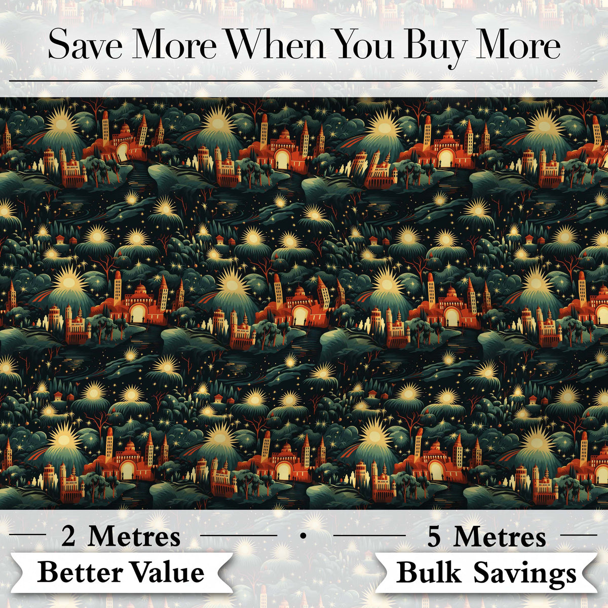 Magical Night Cityscape with Stars and Hills Seamless Pattern Digital Print Fabric by the Metre UK Sewing Quilting Textile