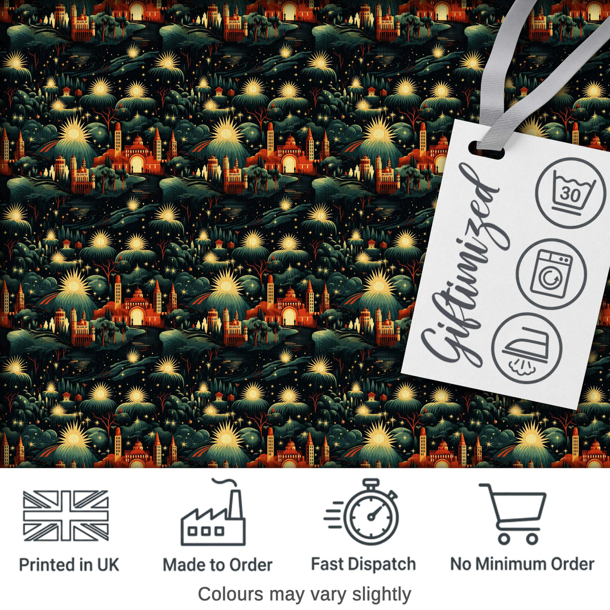 Magical Night Cityscape with Stars and Hills Seamless Pattern Digital Print Fabric by the Metre UK Sewing Quilting Textile