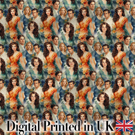 Romantic Vintage Couples Floral Portrait Seamless Pattern Digital Print Fabric by the Metre UK Sewing Quilting Textile