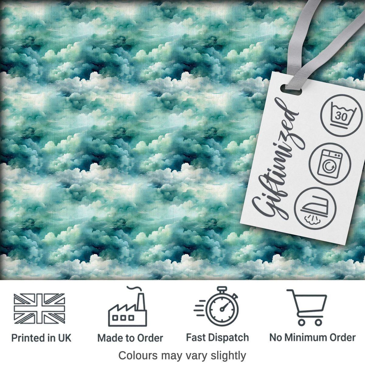 Soft Teal Dreamy Clouds Sky Seamless Pattern Digital Print Fabric by the Metre UK Sewing Quilting Textile