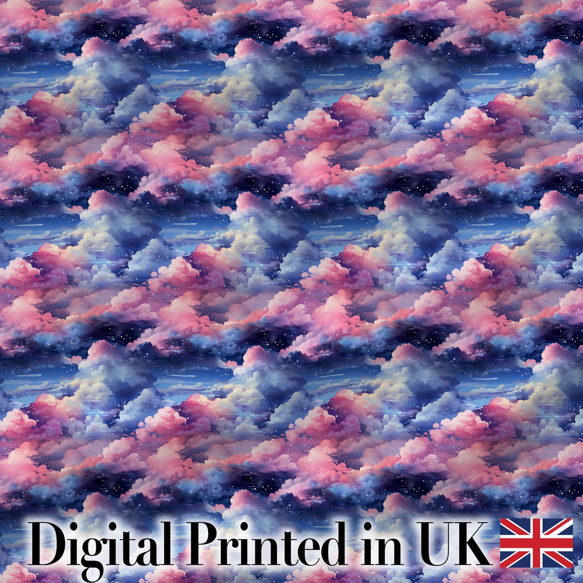 Pink Blue Fantasy Night Clouds Sky Seamless Pattern Digital Print Fabric by the Metre UK Sewing Quilting Textile
