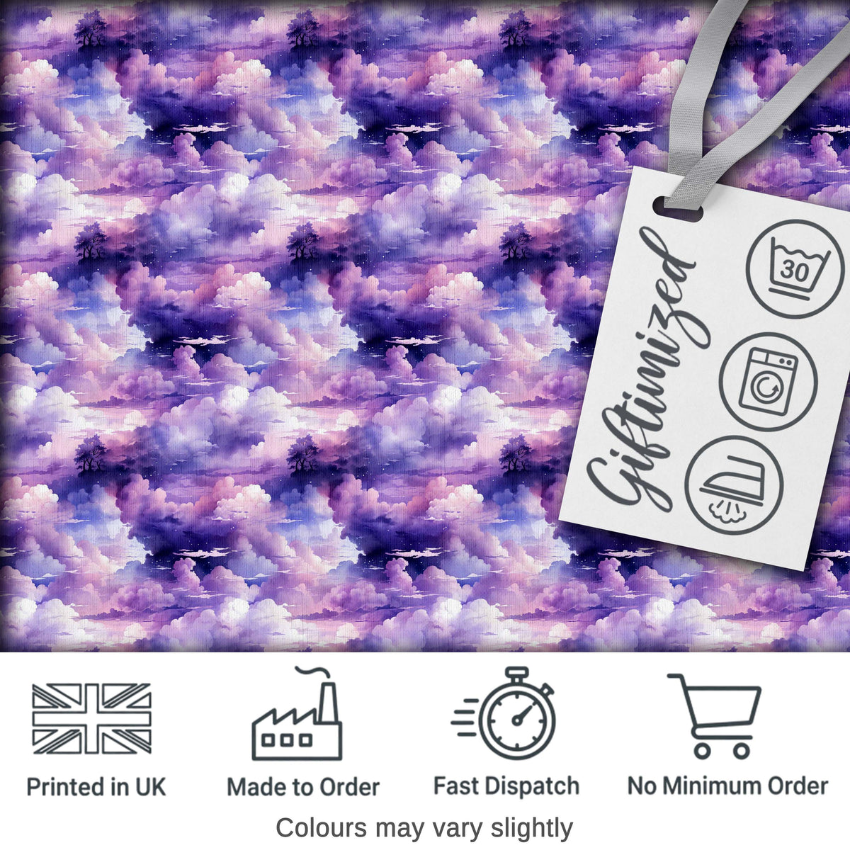 Lavender Dream Clouds Landscape Seamless Pattern Digital Print Fabric by the Metre UK Sewing Quilting Textile